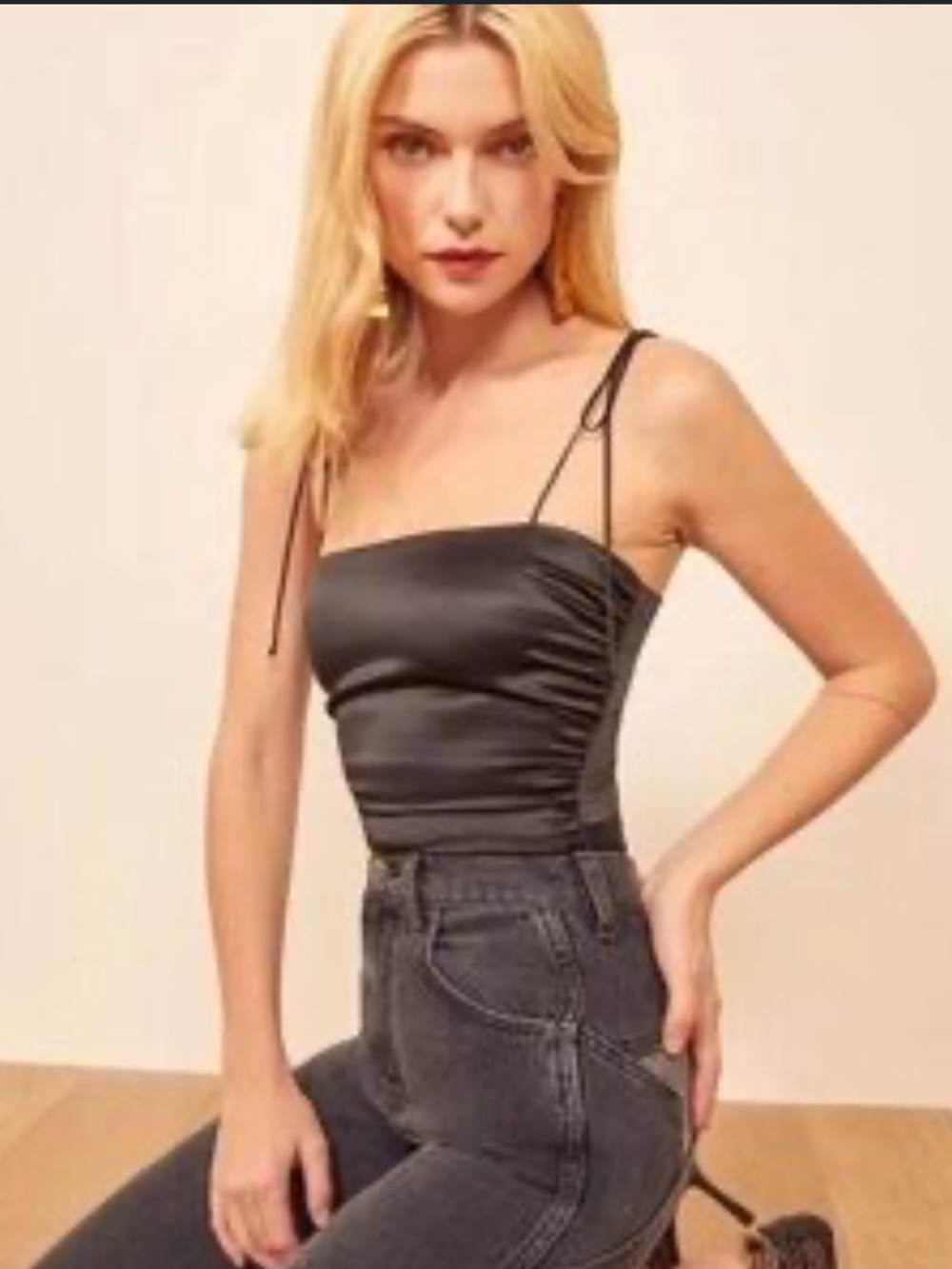 Reformation Black Satin Ruched Tie-Strap Camisole